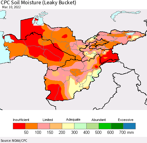 Central Asia CPC Soil Moisture (Leaky Bucket) Thematic Map For 3/6/2022 - 3/10/2022
