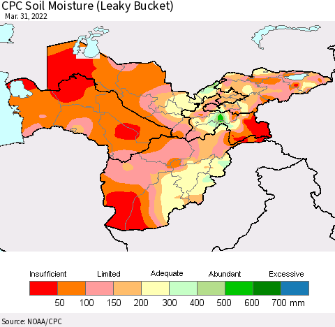 Central Asia CPC Soil Moisture (Leaky Bucket) Thematic Map For 3/26/2022 - 3/31/2022