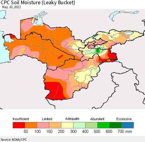Central Asia CPC Soil Moisture (Leaky Bucket) Thematic Map For 5/6/2022 - 5/10/2022