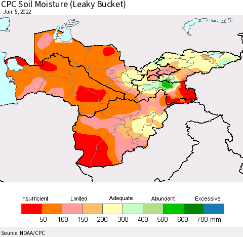 Central Asia CPC Soil Moisture (Leaky Bucket) Thematic Map For 6/1/2022 - 6/5/2022