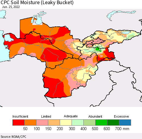 Central Asia CPC Soil Moisture (Leaky Bucket) Thematic Map For 6/21/2022 - 6/25/2022
