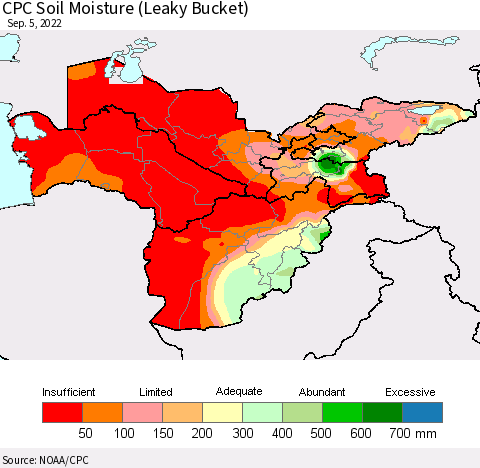 Central Asia CPC Soil Moisture (Leaky Bucket) Thematic Map For 9/1/2022 - 9/5/2022