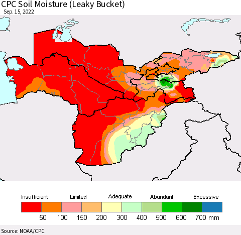 Central Asia CPC Soil Moisture (Leaky Bucket) Thematic Map For 9/11/2022 - 9/15/2022