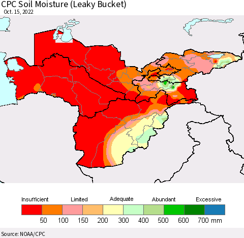 Central Asia CPC Soil Moisture (Leaky Bucket) Thematic Map For 10/11/2022 - 10/15/2022