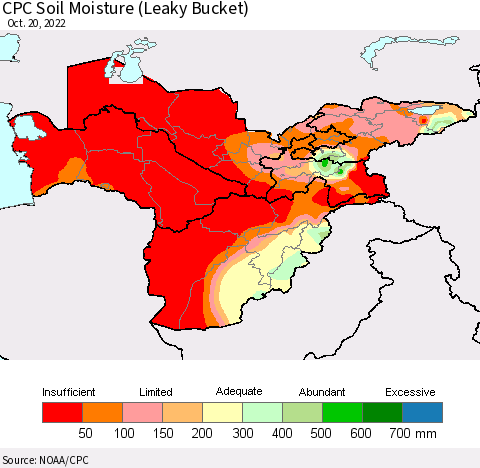 Central Asia CPC Soil Moisture (Leaky Bucket) Thematic Map For 10/16/2022 - 10/20/2022