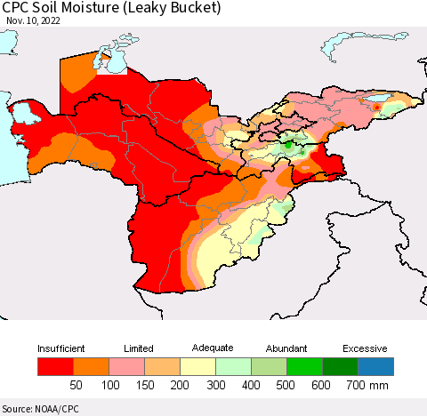 Central Asia CPC Soil Moisture (Leaky Bucket) Thematic Map For 11/6/2022 - 11/10/2022