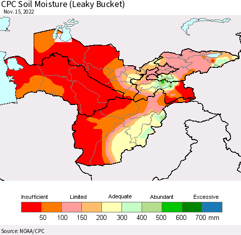 Central Asia CPC Soil Moisture (Leaky Bucket) Thematic Map For 11/11/2022 - 11/15/2022