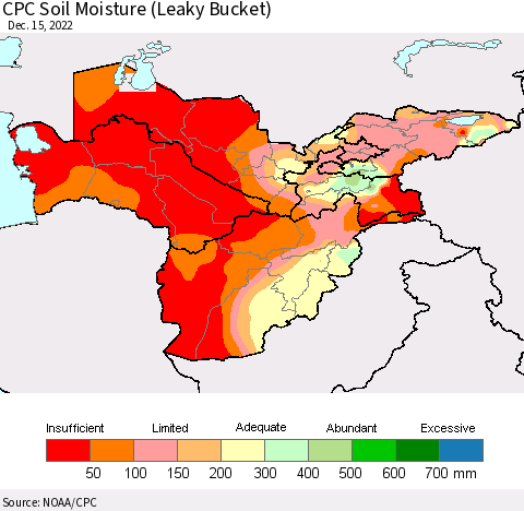 Central Asia CPC Soil Moisture (Leaky Bucket) Thematic Map For 12/11/2022 - 12/15/2022