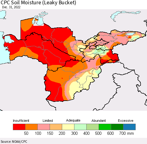 Central Asia CPC Soil Moisture (Leaky Bucket) Thematic Map For 12/26/2022 - 12/31/2022