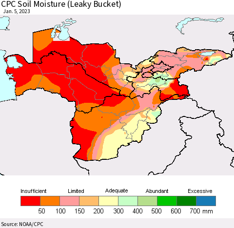 Central Asia CPC Soil Moisture (Leaky Bucket) Thematic Map For 1/1/2023 - 1/5/2023