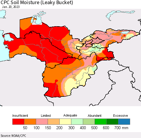 Central Asia CPC Soil Moisture (Leaky Bucket) Thematic Map For 1/16/2023 - 1/20/2023