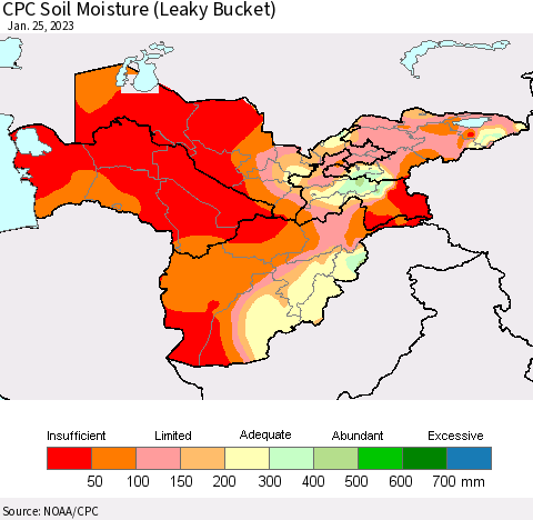 Central Asia CPC Soil Moisture (Leaky Bucket) Thematic Map For 1/21/2023 - 1/25/2023