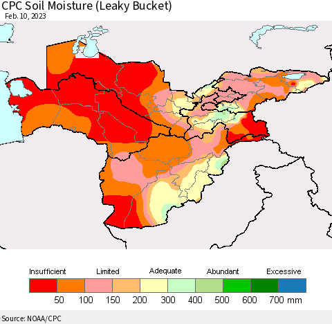 Central Asia CPC Soil Moisture (Leaky Bucket) Thematic Map For 2/6/2023 - 2/10/2023
