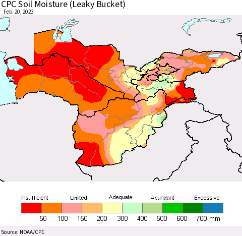 Central Asia CPC Soil Moisture (Leaky Bucket) Thematic Map For 2/16/2023 - 2/20/2023