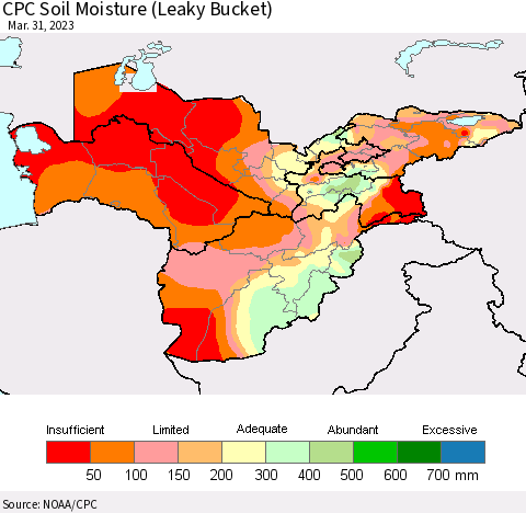 Central Asia CPC Soil Moisture (Leaky Bucket) Thematic Map For 3/26/2023 - 3/31/2023
