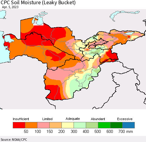 Central Asia CPC Soil Moisture (Leaky Bucket) Thematic Map For 4/1/2023 - 4/5/2023