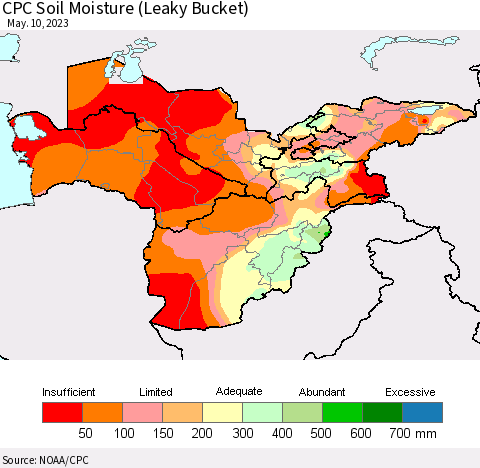 Central Asia CPC Soil Moisture (Leaky Bucket) Thematic Map For 5/6/2023 - 5/10/2023