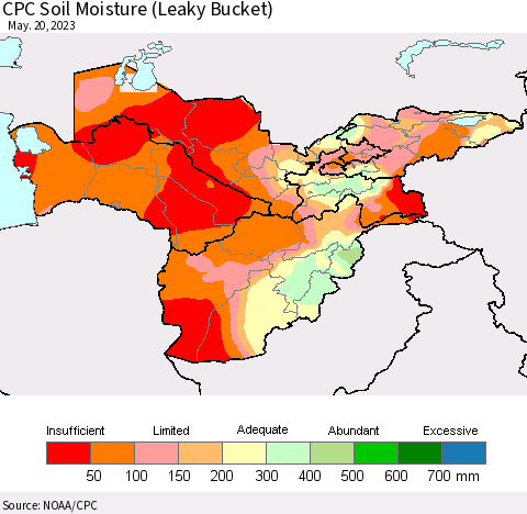 Central Asia CPC Soil Moisture (Leaky Bucket) Thematic Map For 5/16/2023 - 5/20/2023