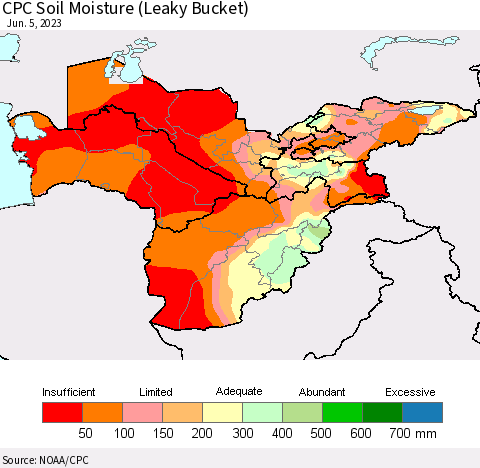 Central Asia CPC Soil Moisture (Leaky Bucket) Thematic Map For 6/1/2023 - 6/5/2023