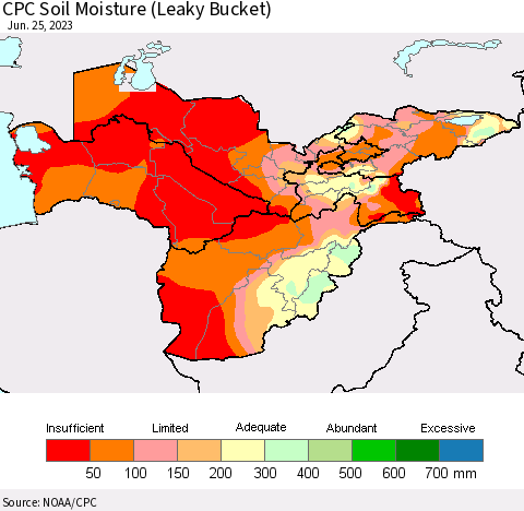 Central Asia CPC Soil Moisture (Leaky Bucket) Thematic Map For 6/21/2023 - 6/25/2023