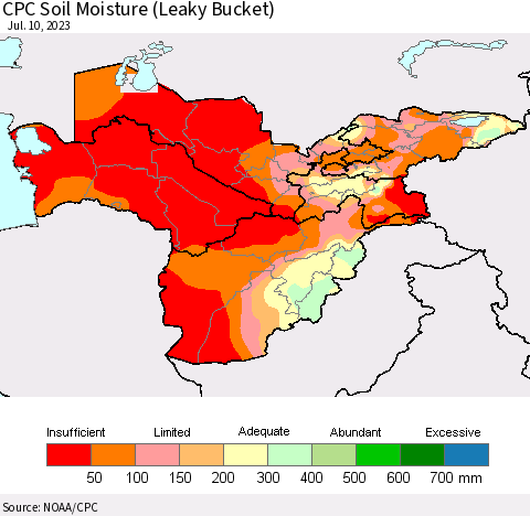 Central Asia CPC Soil Moisture (Leaky Bucket) Thematic Map For 7/6/2023 - 7/10/2023