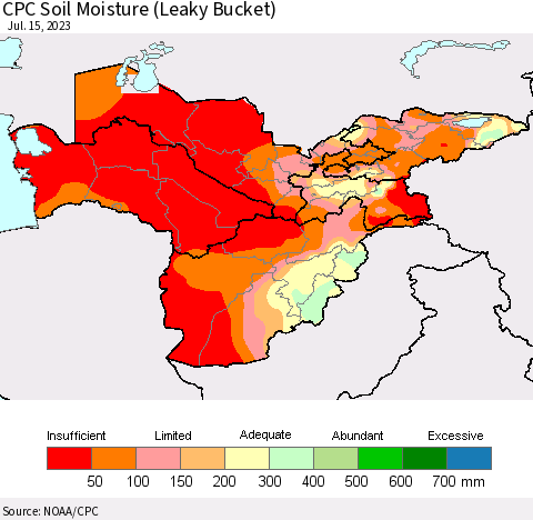 Central Asia CPC Soil Moisture (Leaky Bucket) Thematic Map For 7/11/2023 - 7/15/2023