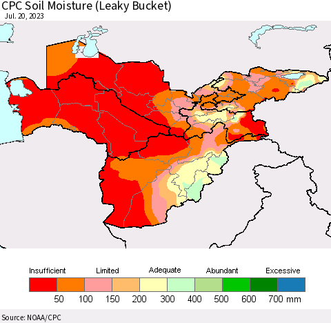 Central Asia CPC Soil Moisture (Leaky Bucket) Thematic Map For 7/16/2023 - 7/20/2023