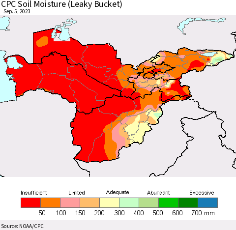 Central Asia CPC Soil Moisture (Leaky Bucket) Thematic Map For 9/1/2023 - 9/5/2023