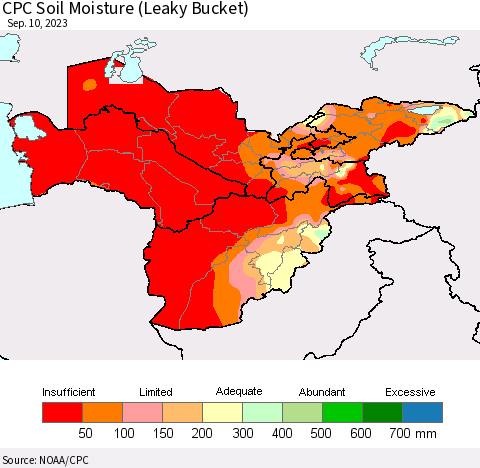 Central Asia CPC Soil Moisture (Leaky Bucket) Thematic Map For 9/6/2023 - 9/10/2023
