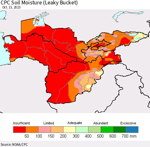 Central Asia CPC Soil Moisture (Leaky Bucket) Thematic Map For 10/11/2023 - 10/15/2023