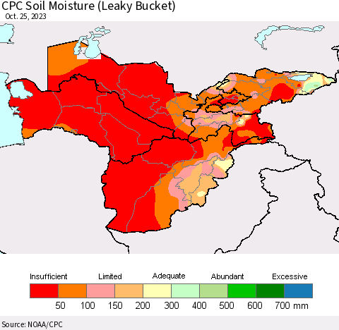 Central Asia CPC Soil Moisture (Leaky Bucket) Thematic Map For 10/21/2023 - 10/25/2023