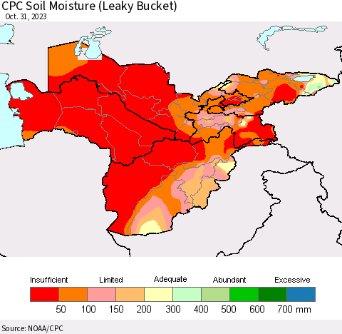 Central Asia CPC Soil Moisture (Leaky Bucket) Thematic Map For 10/26/2023 - 10/31/2023