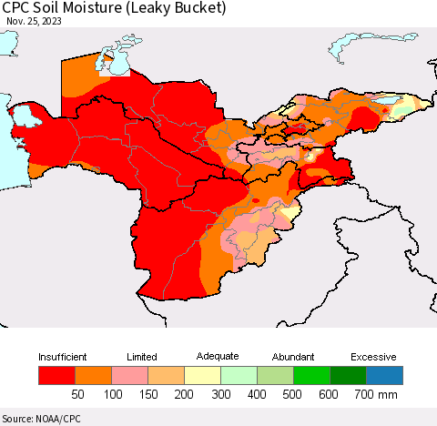 Central Asia CPC Soil Moisture (Leaky Bucket) Thematic Map For 11/21/2023 - 11/25/2023