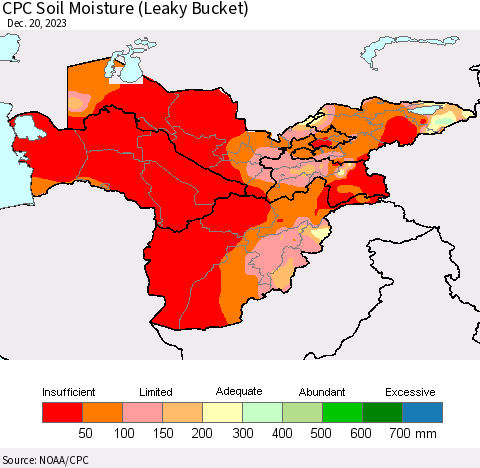 Central Asia CPC Soil Moisture (Leaky Bucket) Thematic Map For 12/16/2023 - 12/20/2023