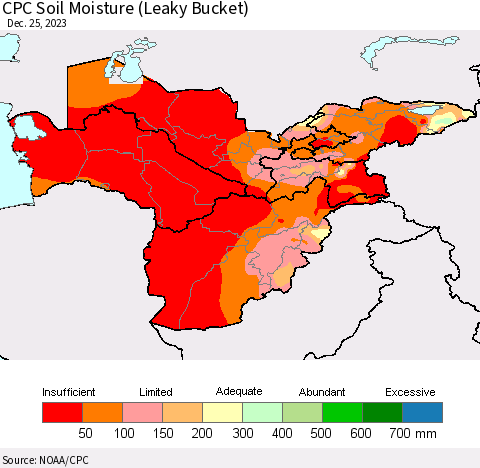 Central Asia CPC Soil Moisture (Leaky Bucket) Thematic Map For 12/21/2023 - 12/25/2023