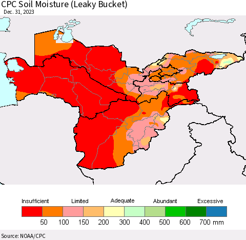Central Asia CPC Soil Moisture (Leaky Bucket) Thematic Map For 12/26/2023 - 12/31/2023