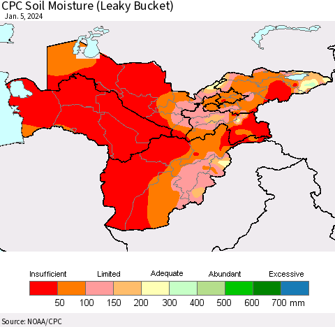 Central Asia CPC Soil Moisture (Leaky Bucket) Thematic Map For 1/1/2024 - 1/5/2024