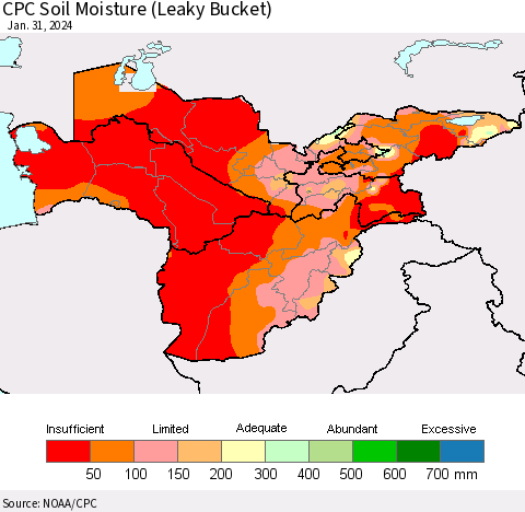 Central Asia CPC Soil Moisture (Leaky Bucket) Thematic Map For 1/26/2024 - 1/31/2024