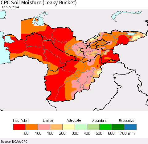 Central Asia CPC Soil Moisture (Leaky Bucket) Thematic Map For 2/1/2024 - 2/5/2024