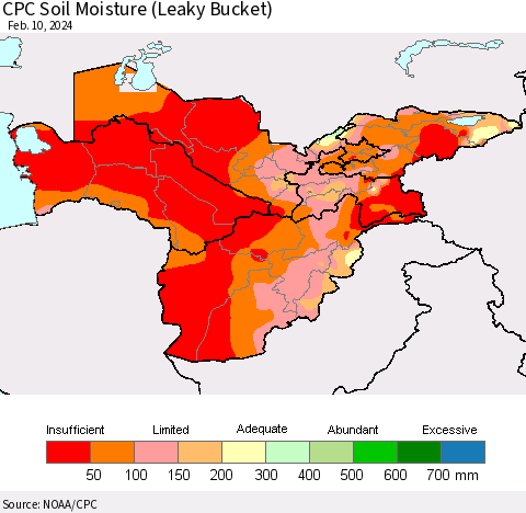 Central Asia CPC Soil Moisture (Leaky Bucket) Thematic Map For 2/6/2024 - 2/10/2024
