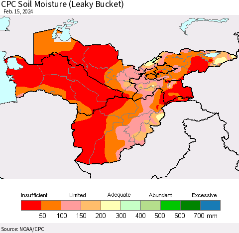 Central Asia CPC Soil Moisture (Leaky Bucket) Thematic Map For 2/11/2024 - 2/15/2024