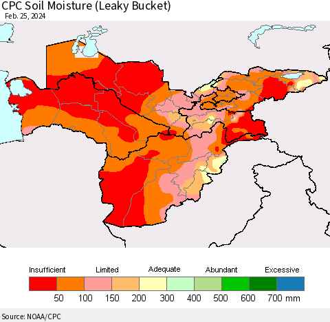 Central Asia CPC Soil Moisture (Leaky Bucket) Thematic Map For 2/21/2024 - 2/25/2024