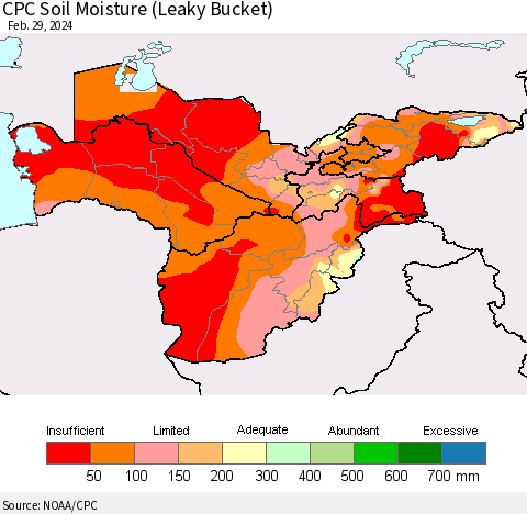 Central Asia CPC Soil Moisture (Leaky Bucket) Thematic Map For 2/26/2024 - 2/29/2024