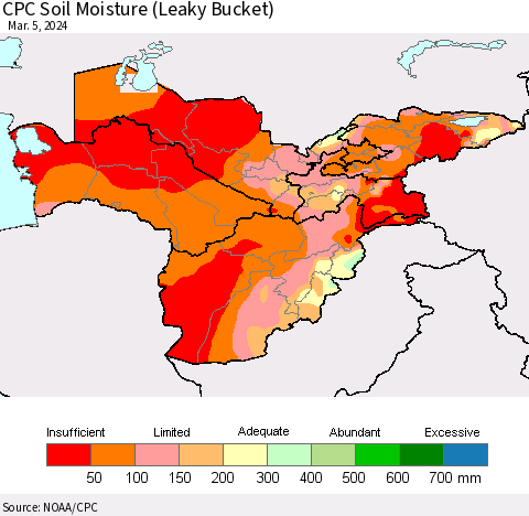 Central Asia CPC Soil Moisture (Leaky Bucket) Thematic Map For 3/1/2024 - 3/5/2024