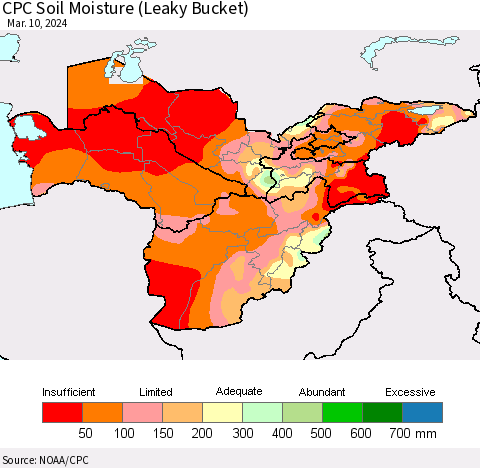 Central Asia CPC Soil Moisture (Leaky Bucket) Thematic Map For 3/6/2024 - 3/10/2024