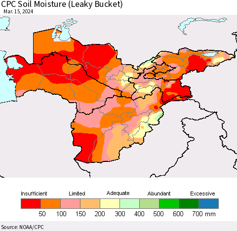 Central Asia CPC Soil Moisture (Leaky Bucket) Thematic Map For 3/11/2024 - 3/15/2024
