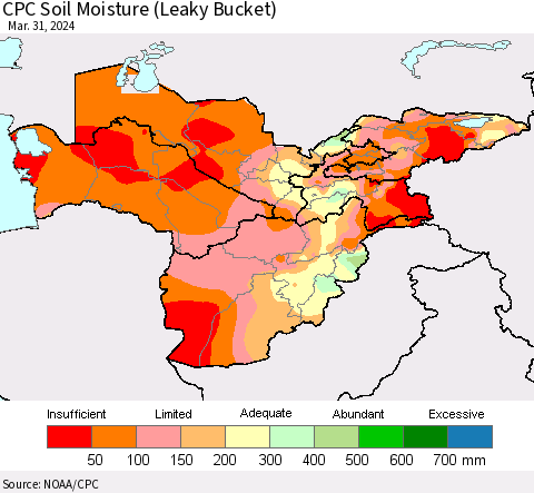 Central Asia CPC Soil Moisture (Leaky Bucket) Thematic Map For 3/26/2024 - 3/31/2024