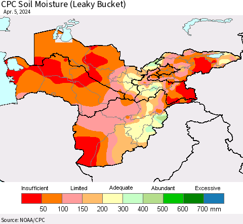 Central Asia CPC Soil Moisture (Leaky Bucket) Thematic Map For 4/1/2024 - 4/5/2024