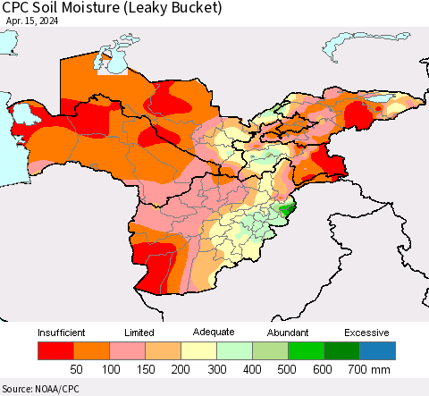 Central Asia CPC Soil Moisture (Leaky Bucket) Thematic Map For 4/11/2024 - 4/15/2024
