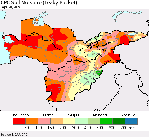 Central Asia CPC Soil Moisture (Leaky Bucket) Thematic Map For 4/16/2024 - 4/20/2024